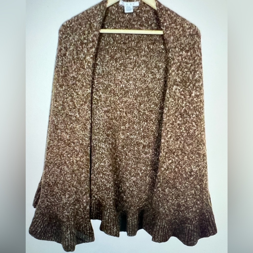 Cabi One Size Tweed Brown Ruffle Hem Shawl Sweater Poncho Cottagecore Cozy Cabin